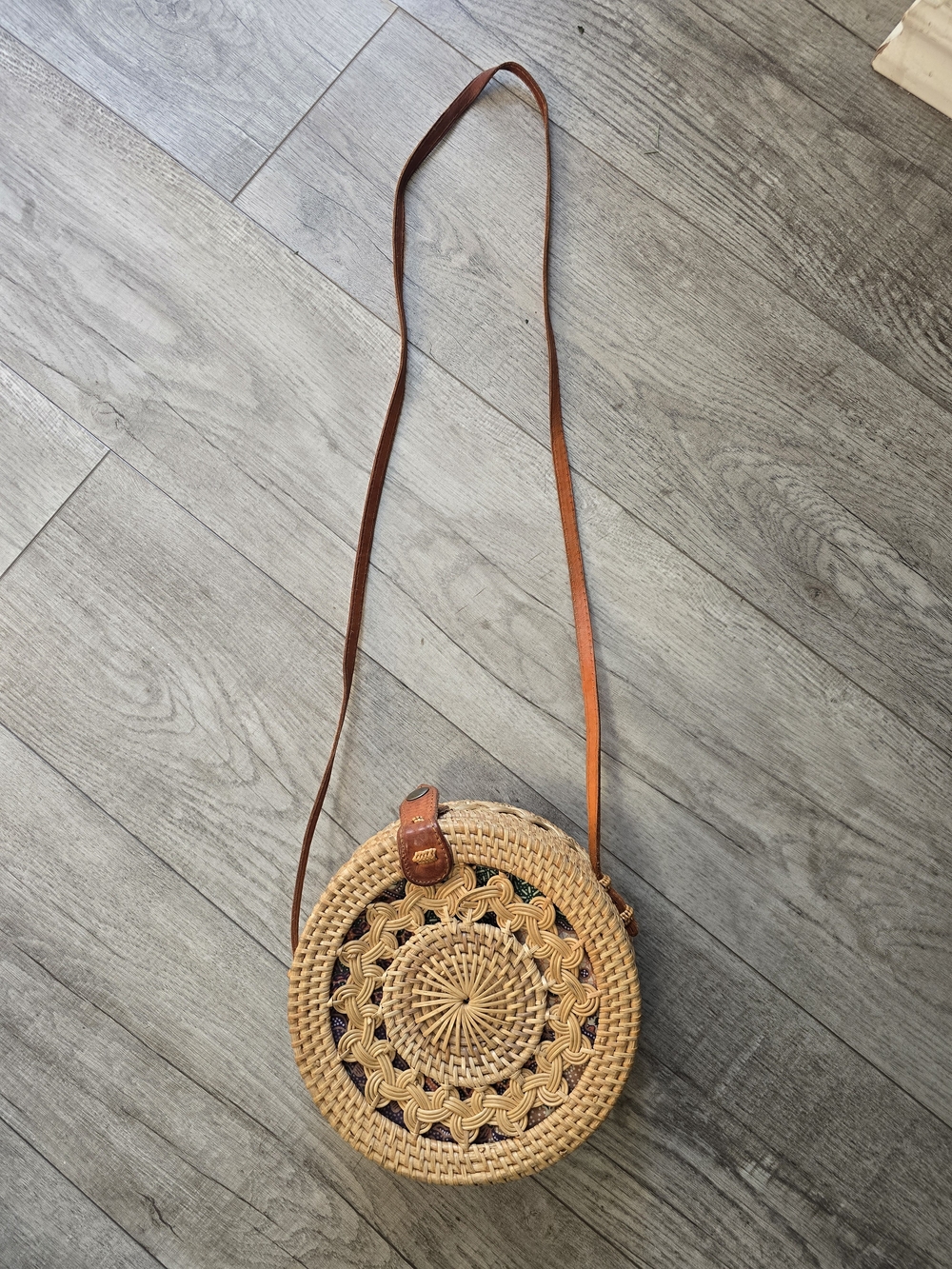 Round Woven Crossbody Bag with Leather Strap - Natural Brown